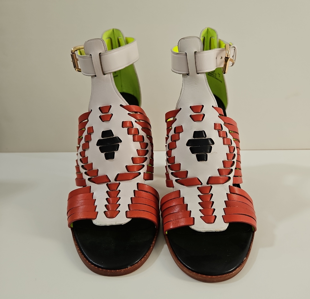 Coach White, Red & Black Cutout Leather Ankle-Strap Sandals